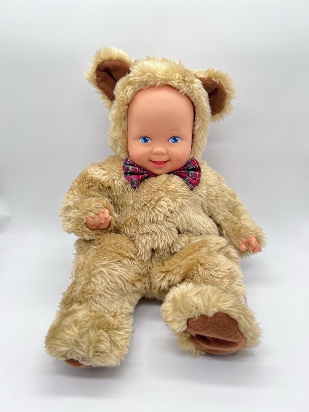 Vintage ANNE GEDDES BABY BEARS Costume PLUSH Toy DOLL Blue Eyes Plaid Bow 16”